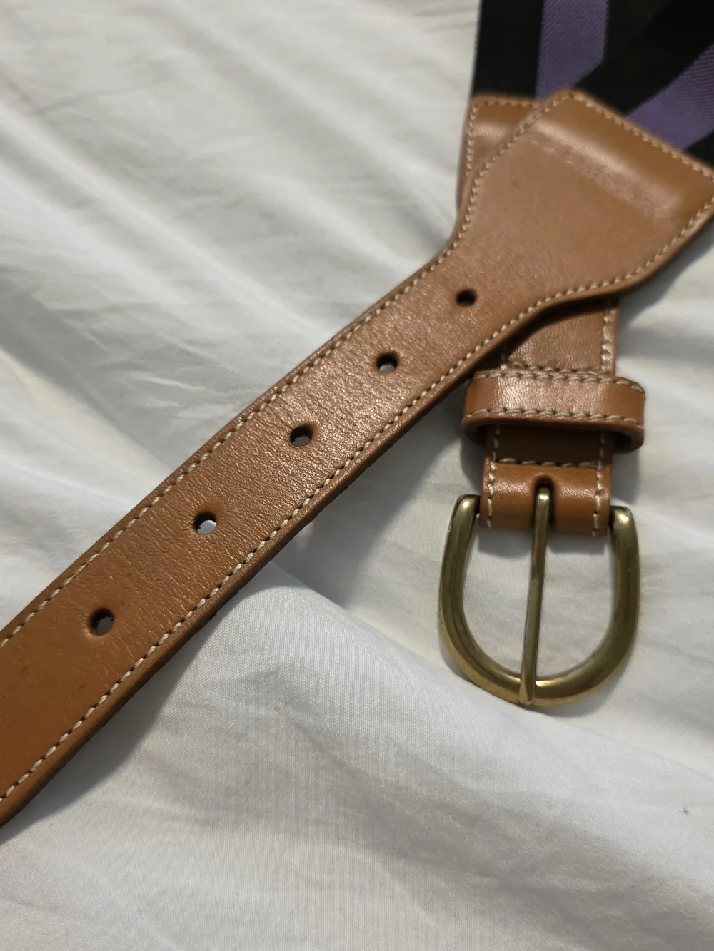 EC J. McLaughlin Black & Purple Striped Stretch Belt Brown Leather Trim Sz L/XL